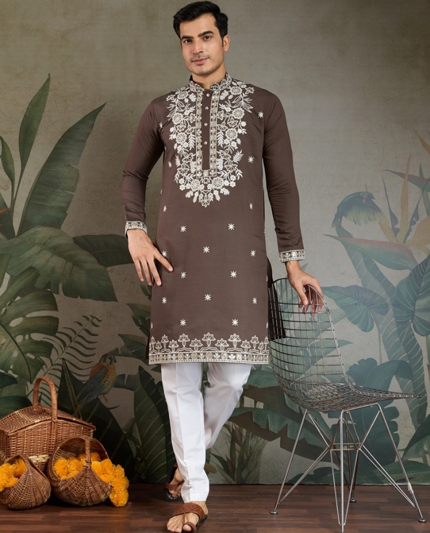 61322-brown - Brown Thread & Sequence Hand Embroidered Men’s Kurta Set